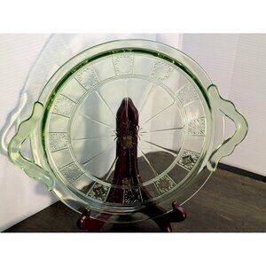 Jeannette Doric Uranium Green Depression Glass 12.5" Handled Serving Tray Vintag